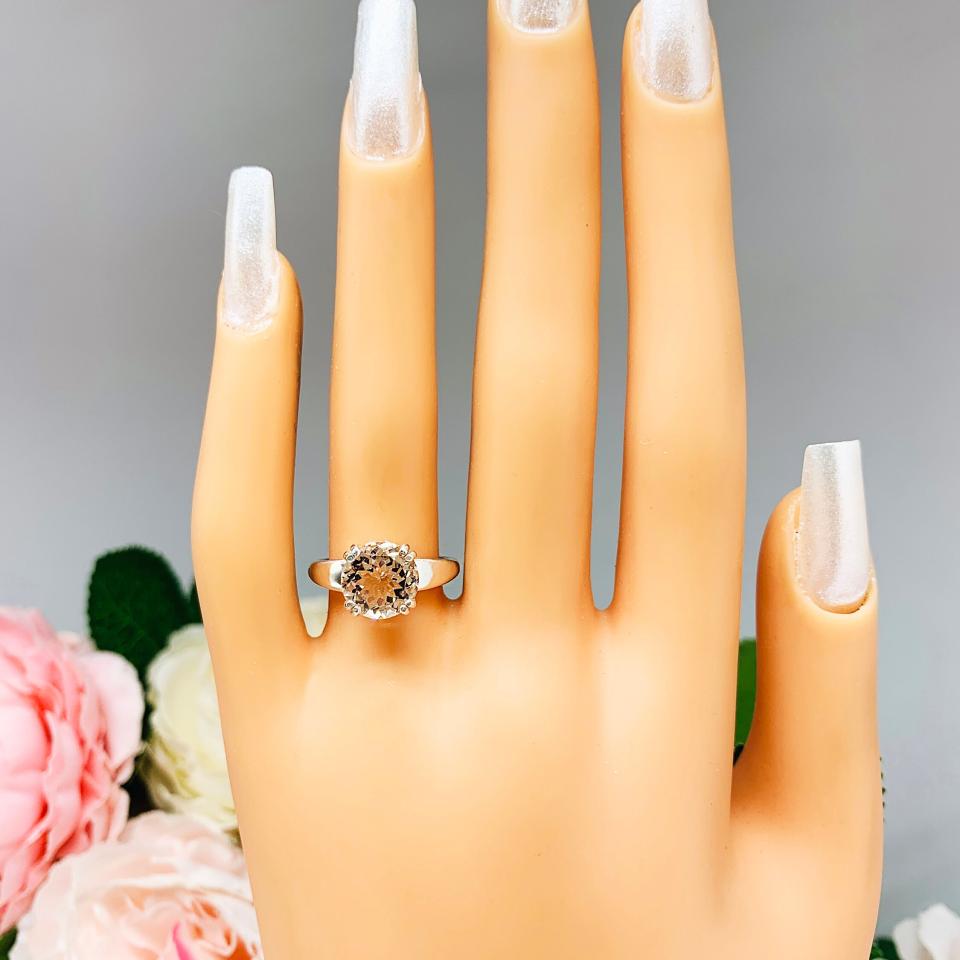 Natural morganite Sterling Silver Ring Size 6 - 9mm round peach gemstone
