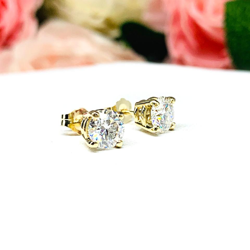 Round Moissanite 14k Gold Stud Earrings - Authentic moissanites - Heavy gold settings - FREE 3RD DAY UPS