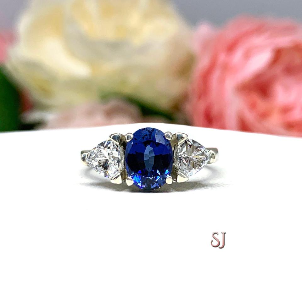 Lab Blue Sapphire Oval Trillion CZ Ring Low Profile Sterling Silver