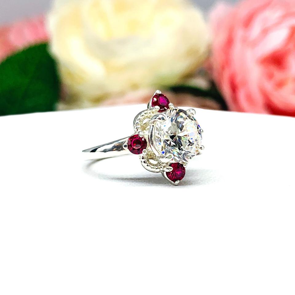 Round CZ Lab Ruby Art Deco Engagement Ring