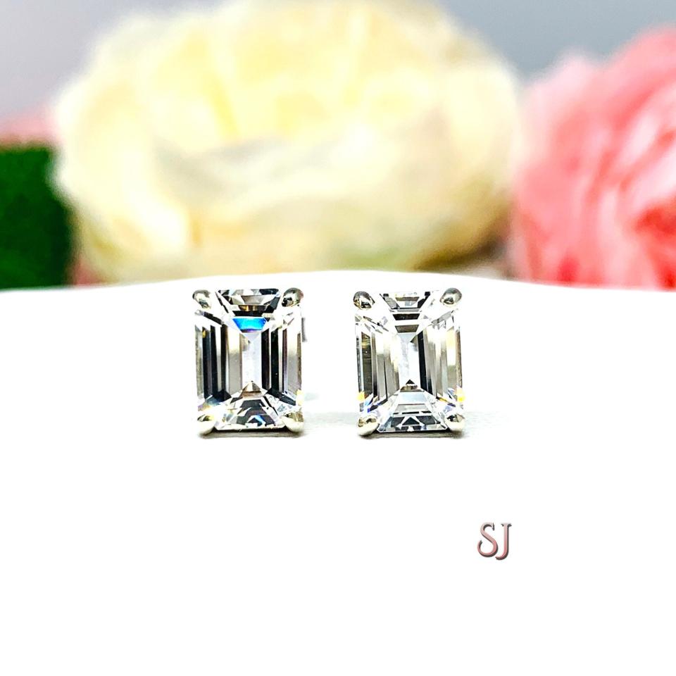 Lab White Sapphire Emerald Cut Stud Earrings 8x6mm