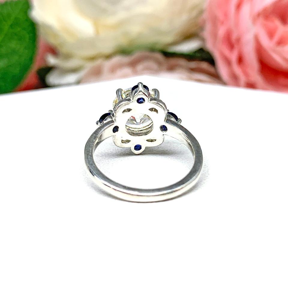 Round CZ Old European Cut Lab Blue Sapphire Engagement Ring Art Deco Antique Inspired