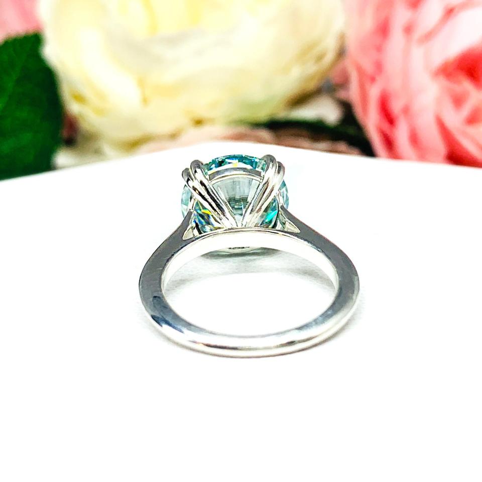 Steel Blue Moissanite Engagement Ring Size 6 - 12mm (6 Cts) authentic round moissanite - Sterling silver knife edge setting