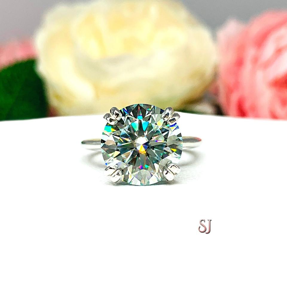 Steel Blue Moissanite Engagement Ring Size 6 - 12mm (6 Cts) authentic round moissanite - Sterling silver knife edge setting