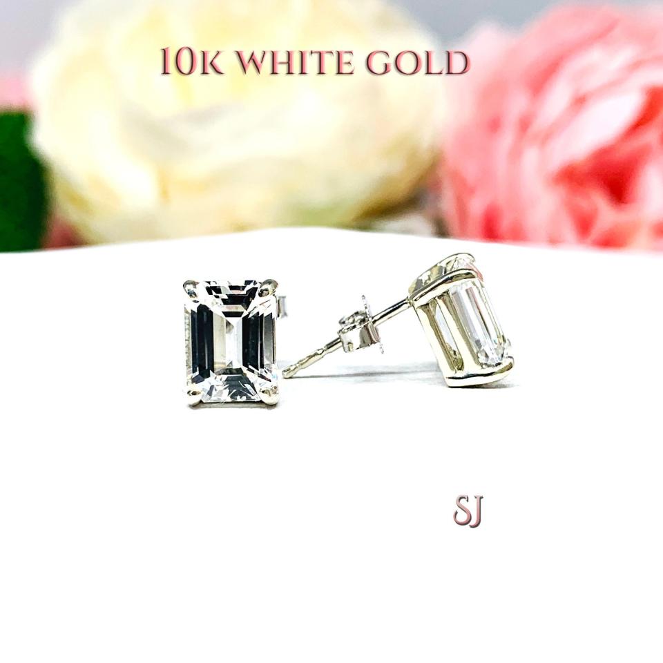 Lab White Sapphire Emerald Cut Stud Earrings 8x6mm