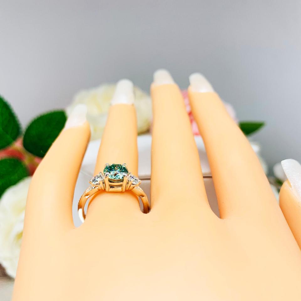 Sea foam Green Moissanite 3 Stone Ring - Round authentic moissanites - Sterling silver milgrain twist setting