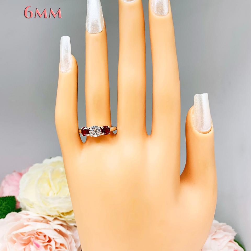 Round CZ Lab Ruby 3 Stone Engagement Ring