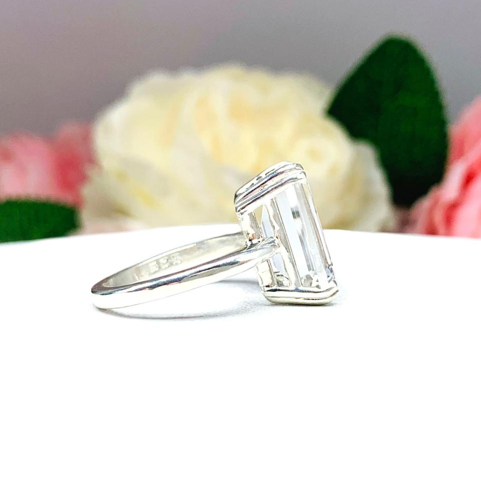 White Topaz Emerald Cut Ring - Natural 14x10mm (8 Cts) gemstone - Sterling silver statement double prong setting