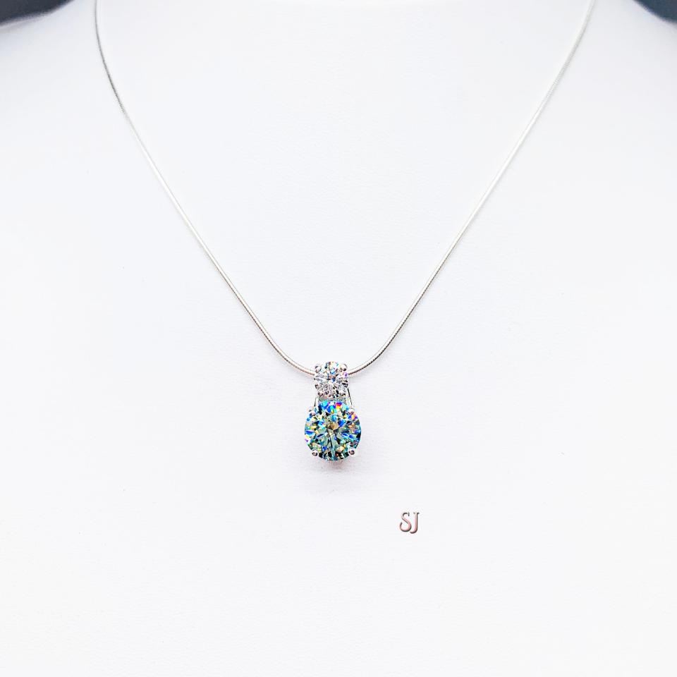 Two Stone Blue Moissanite Pendant Necklace - 2.5 cts total round authentic moissanites - Sterling silver setting - Sterling silver chain