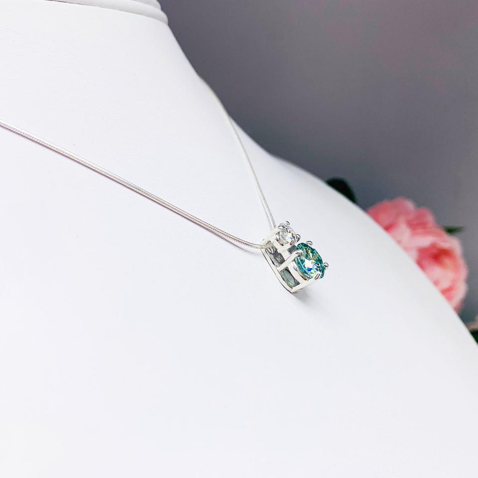 Two Stone Blue Moissanite Pendant Necklace - 2.5 cts total round authentic moissanites - Sterling silver setting - Sterling silver chain