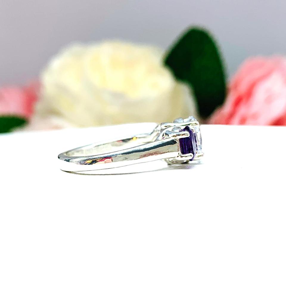 Oval CZ Natural African Amethyst 3 Stone Ring - 8x6mm center stone - 6x4mm side stones - Sterling silver trellis setting