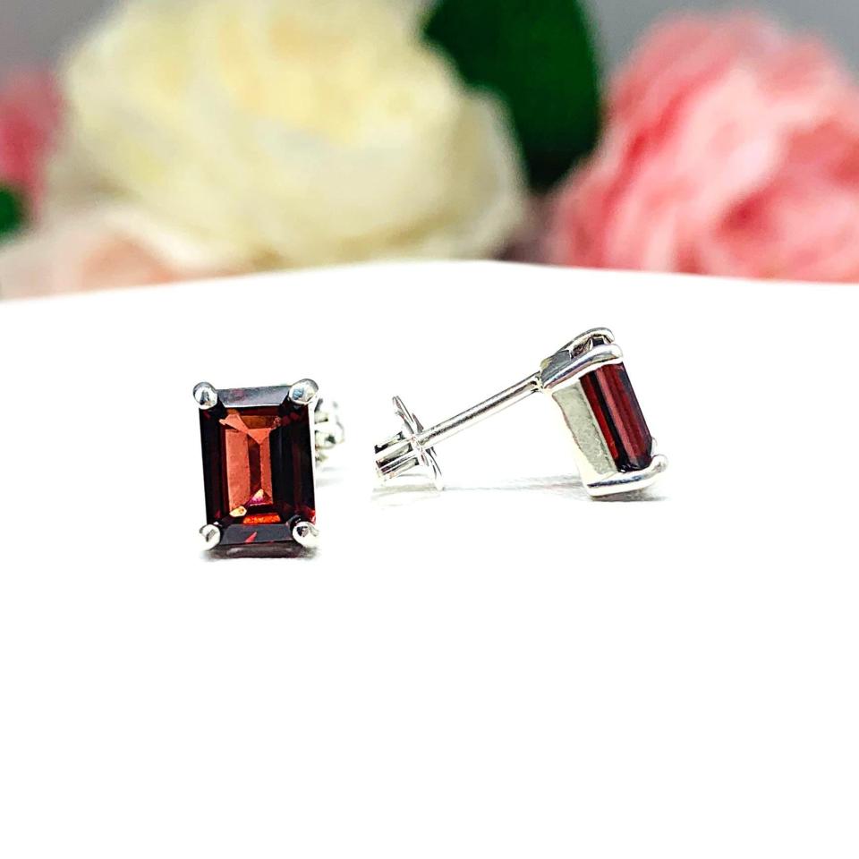 Natural Mozambique Garnet Emerald Cut Stud Earrings