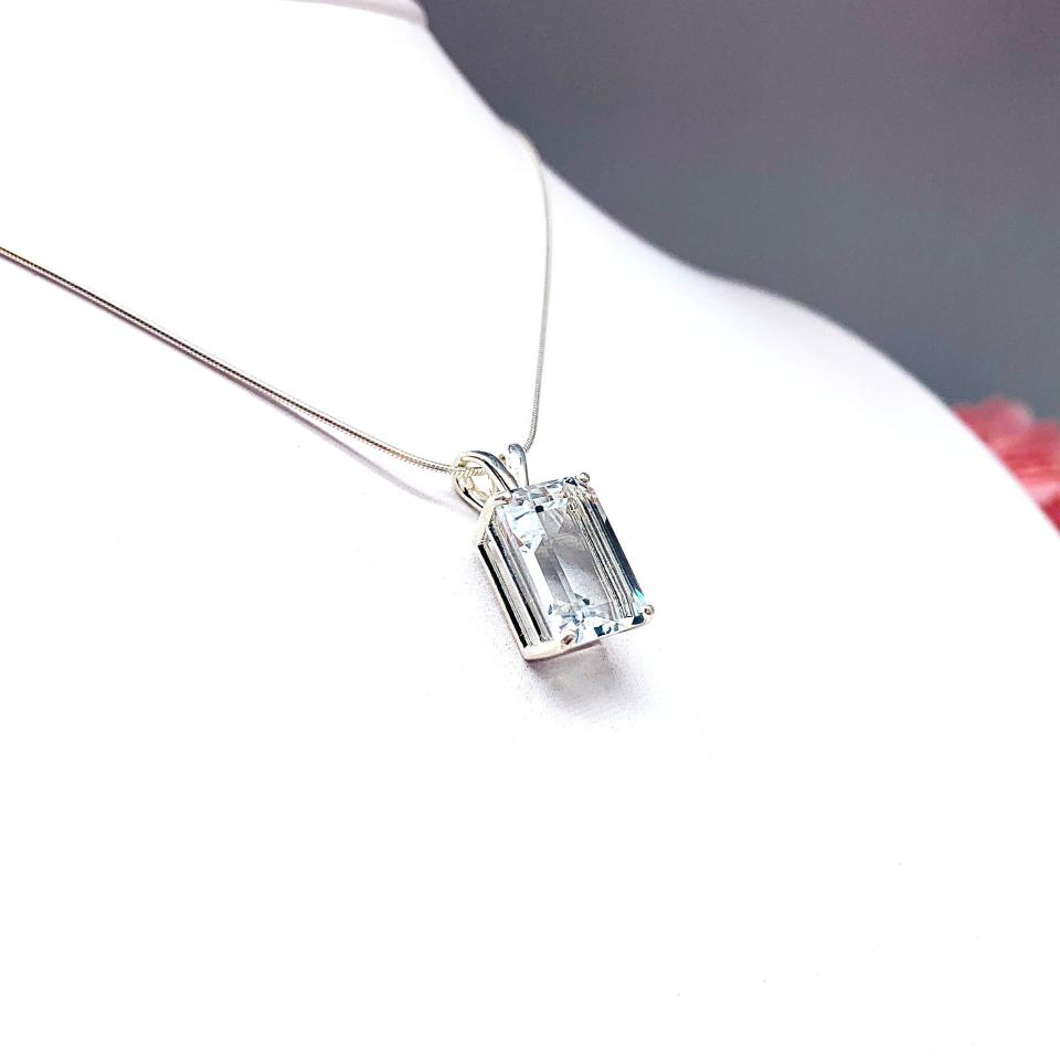 White Topaz Emerald Cut Pendant Sterling Silver Necklace Natural