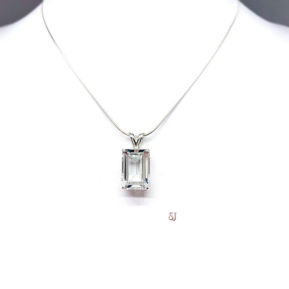 White Topaz Emerald Cut Pendant Sterling Silver Necklace Natural