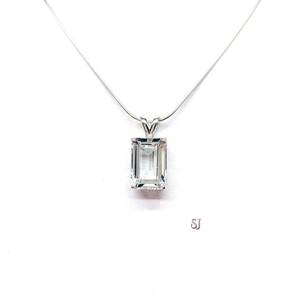 White Topaz Emerald Cut Pendant Sterling Silver Necklace Natural