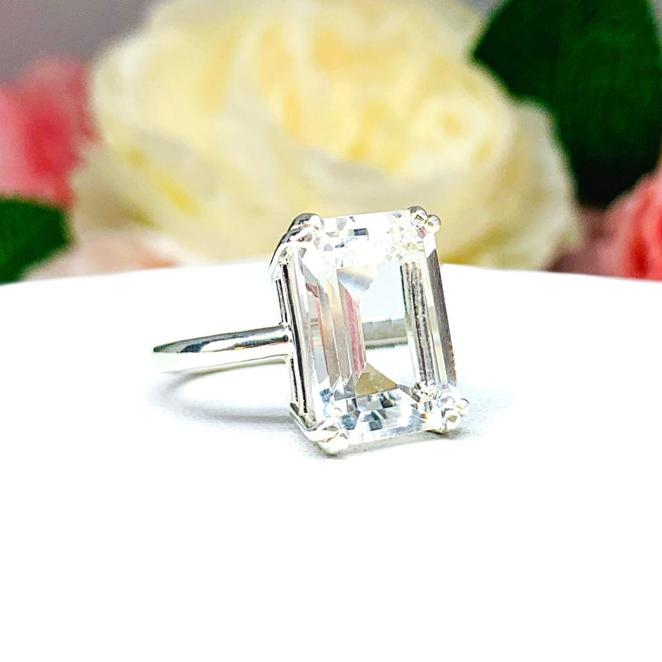 White Topaz Emerald Cut Ring - Natural 14x10mm (8 Cts) gemstone - Sterling silver statement double prong setting