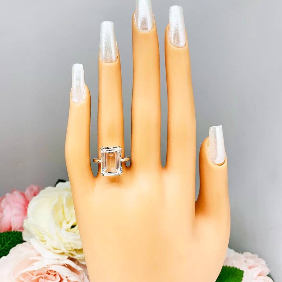 White Topaz Emerald Cut Ring - Natural 14x10mm (8 Cts) gemstone - Sterling silver statement double prong setting