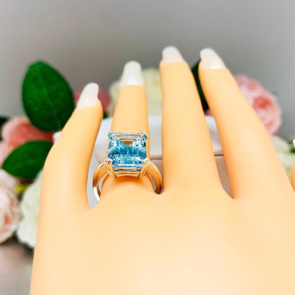 Sky Blue Topaz Emerald Cut Ring -  Genuine 14x10mm (8 Cts) gemstone - Sterling silver double prong statement setting