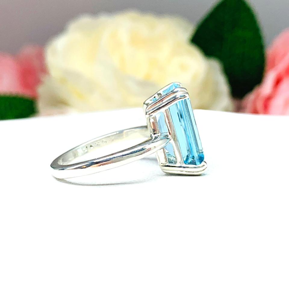 Sky Blue Topaz Emerald Cut Ring -  Genuine 14x10mm (8 Cts) gemstone - Sterling silver double prong statement setting