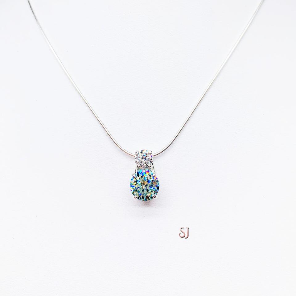 Two Stone Blue Moissanite Pendant Necklace - 2.5 cts total round authentic moissanites - Sterling silver setting - Sterling silver chain