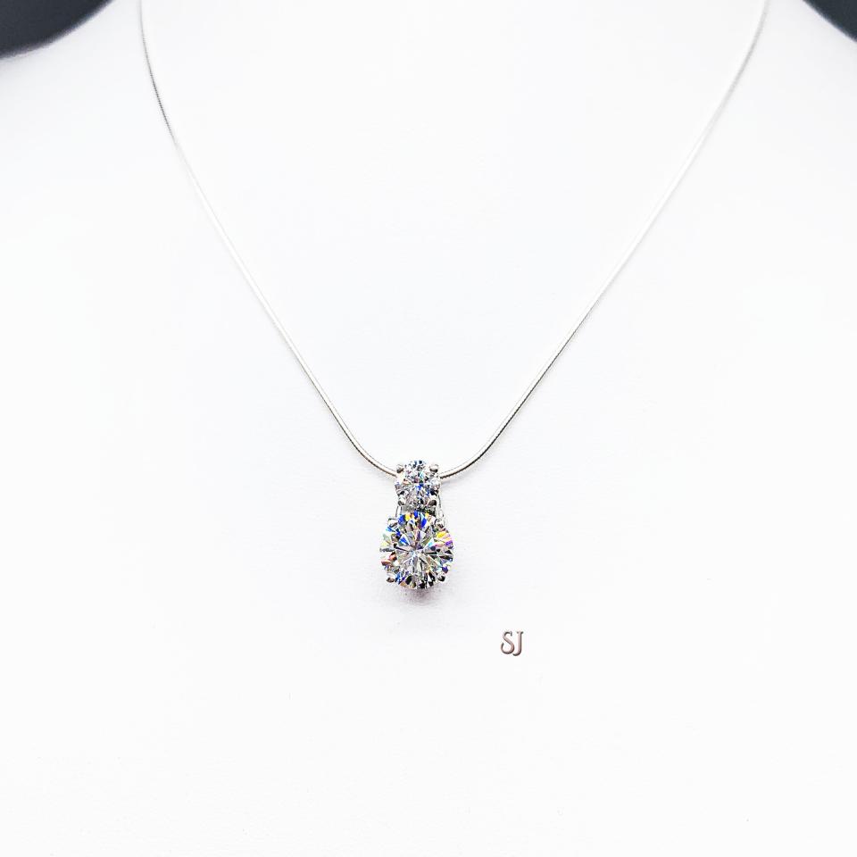 Two Stone Round Moissanite Sterling Silver Pendant with Optional Chain