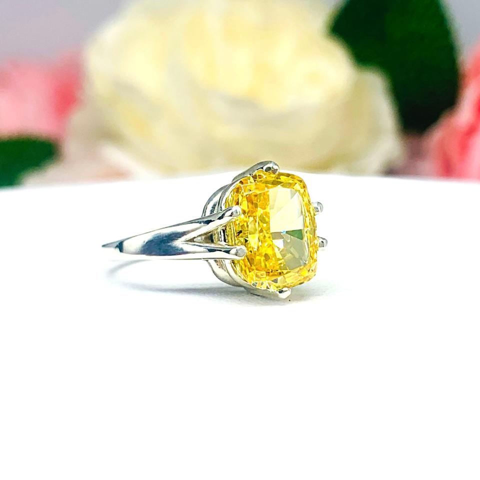 Elongated Cushion Vivid Canary CZ Engagement Ring Crushed Ice Sterling Silver