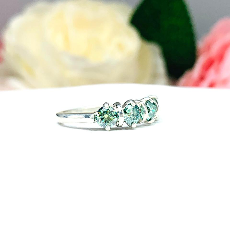Round Sea foam Green Moissanite 4 Stone Ring - Authentic moissanites - Sterling silver setting