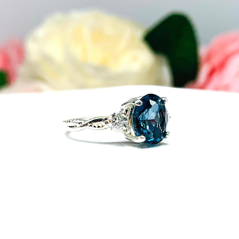 London Blue Topaz Oval Moissanite Ring - Moissanite side stones - Sterling silver twist milgrain setting