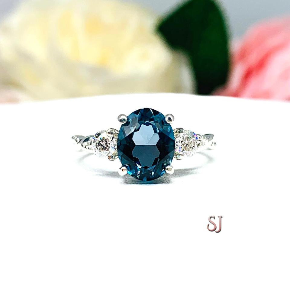 London Blue Topaz Oval Moissanite Ring - Moissanite side stones - Sterling silver twist milgrain setting