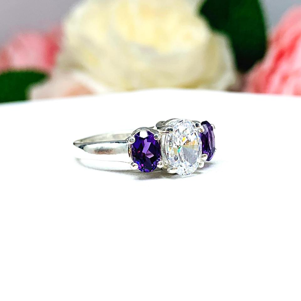 Oval CZ Natural African Amethyst 3 Stone Ring - 8x6mm center stone - 6x4mm side stones - Sterling silver trellis setting