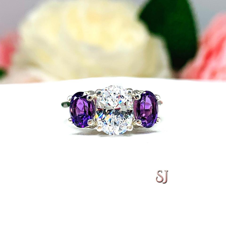 Oval CZ Natural African Amethyst 3 Stone Ring - 8x6mm center stone - 6x4mm side stones - Sterling silver trellis setting