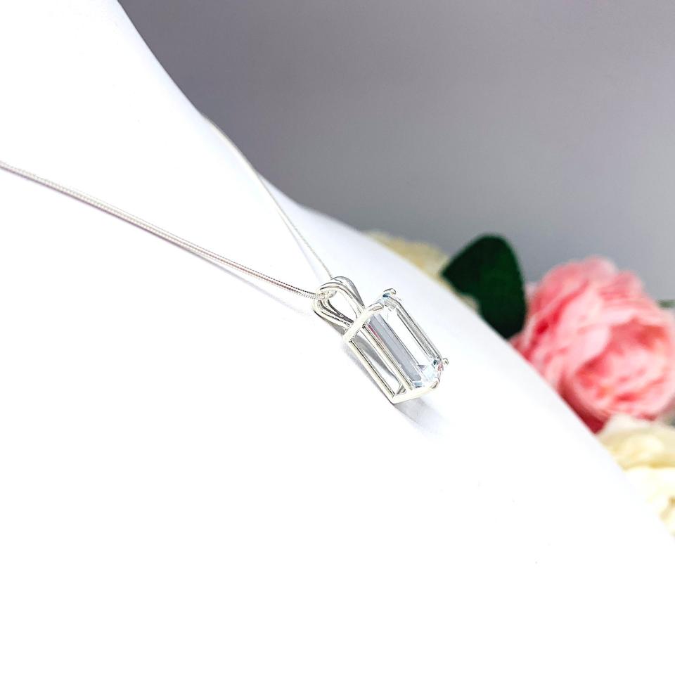 White Topaz Emerald Cut Pendant Sterling Silver Necklace Natural