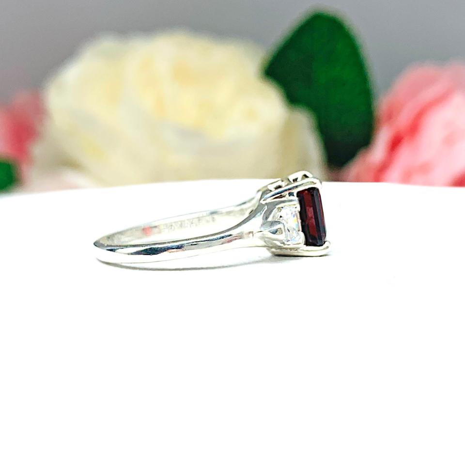 Natural Mozambique Garnet Asscher with Trillion CZ Accents Ring Size 6