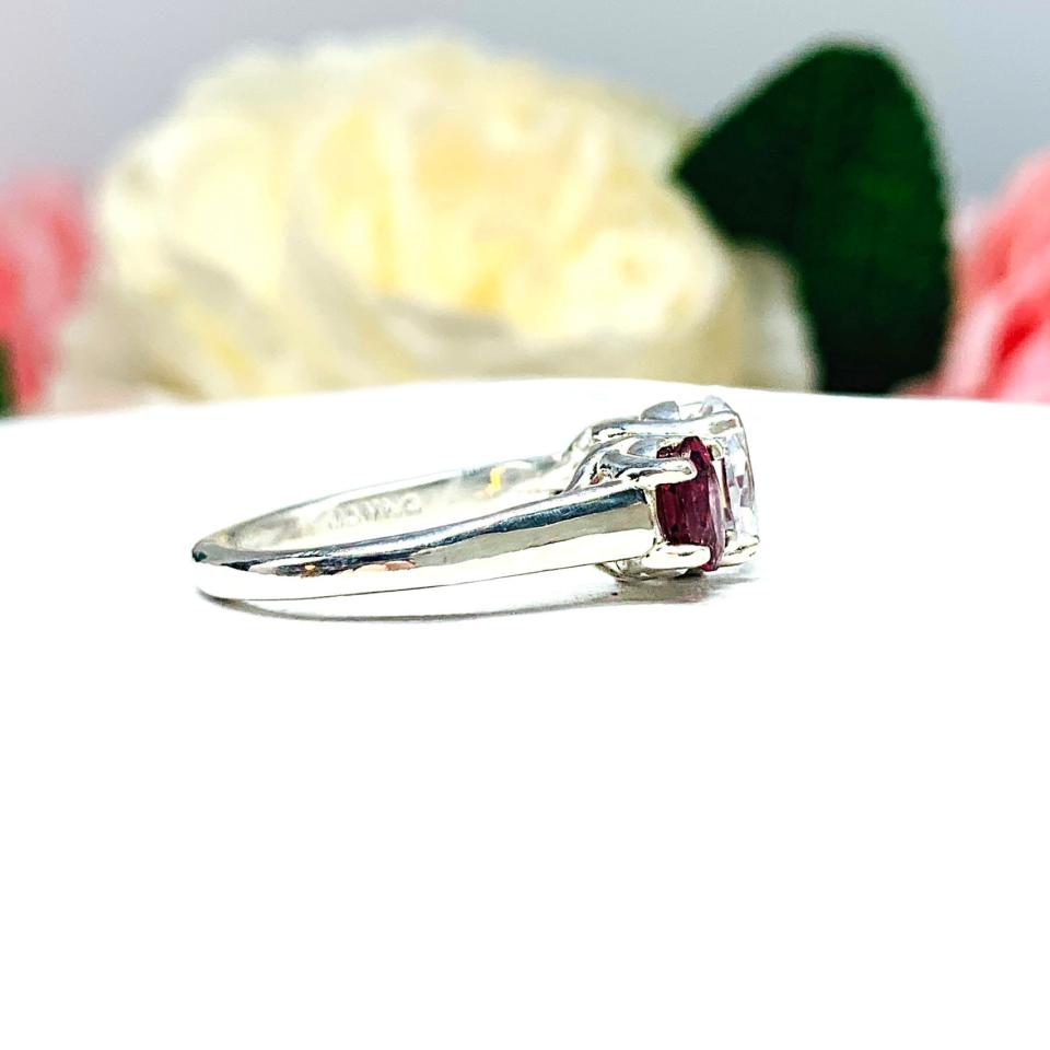 Oval CZ Natural Garnet 3 Stone Engagement Ring - 8x6mm oval center stone - 6x4mm rhodolite garnet - Sterling silver trellis setting