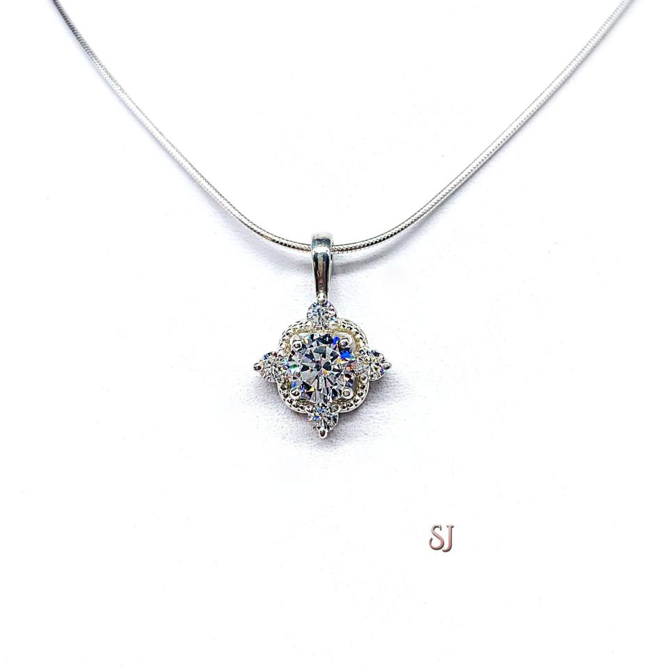 Round CZ Pendant Antique Art Deco Sterling Silver Necklace