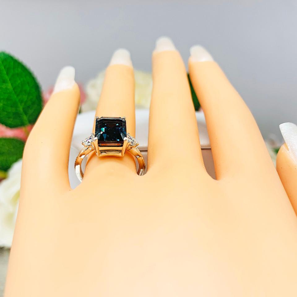 Emerald Cut London Blue Topaz Ring - Moissanite side stones - Sterling Silver twist milgrain band
