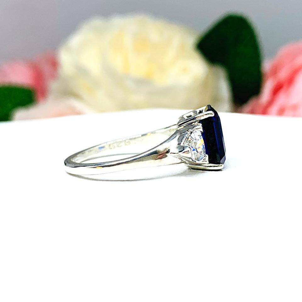 Lab Blue Sapphire Emerald Cut Trillion CZ Ring