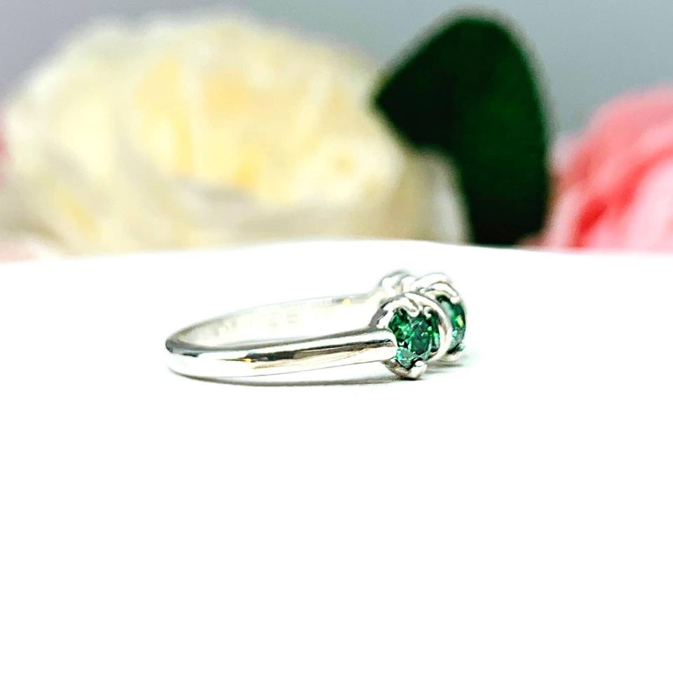 Emerald Green Moissanite 4 Stone Ring - 4mm round authentic moissanites - Sterling silver setting