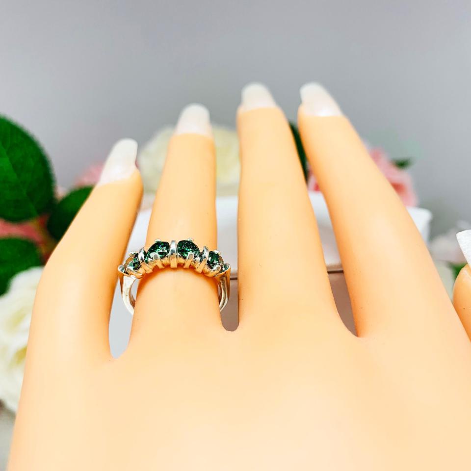 Emerald Green Moissanite 4 Stone Ring - 4mm round authentic moissanites - Sterling silver setting