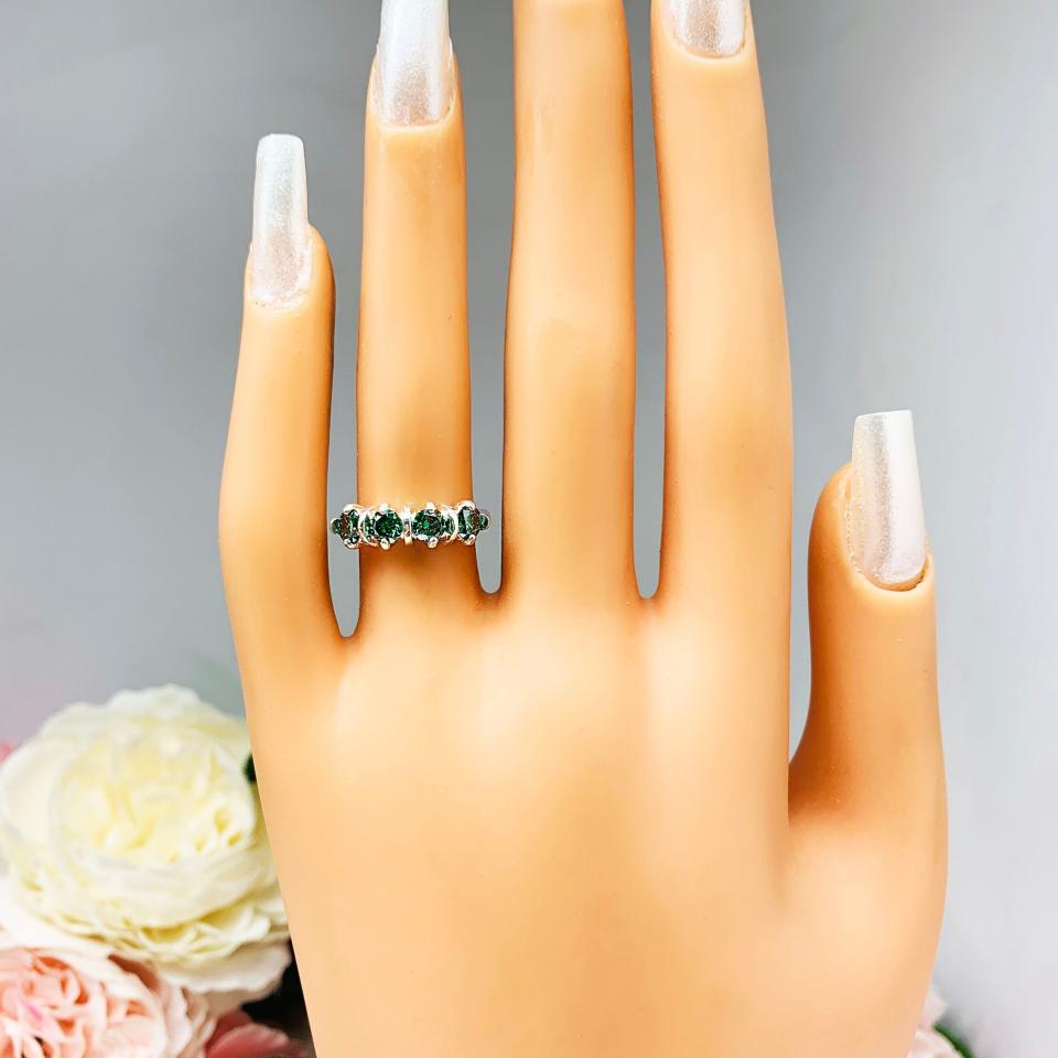 Emerald Green Moissanite 4 Stone Ring - 4mm round authentic moissanites - Sterling silver setting