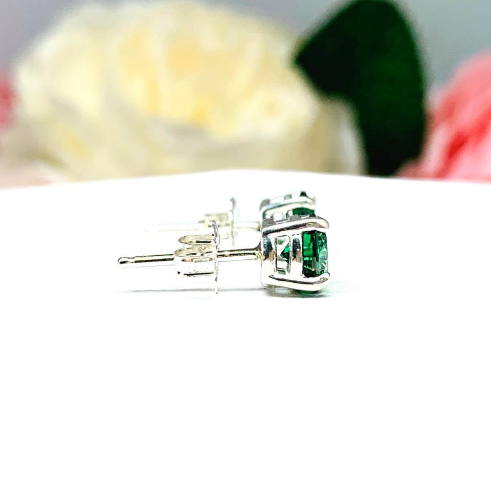 Emerald Green Moissanite Stud Earrings - Authentic round moissanite - Sterling silver settings