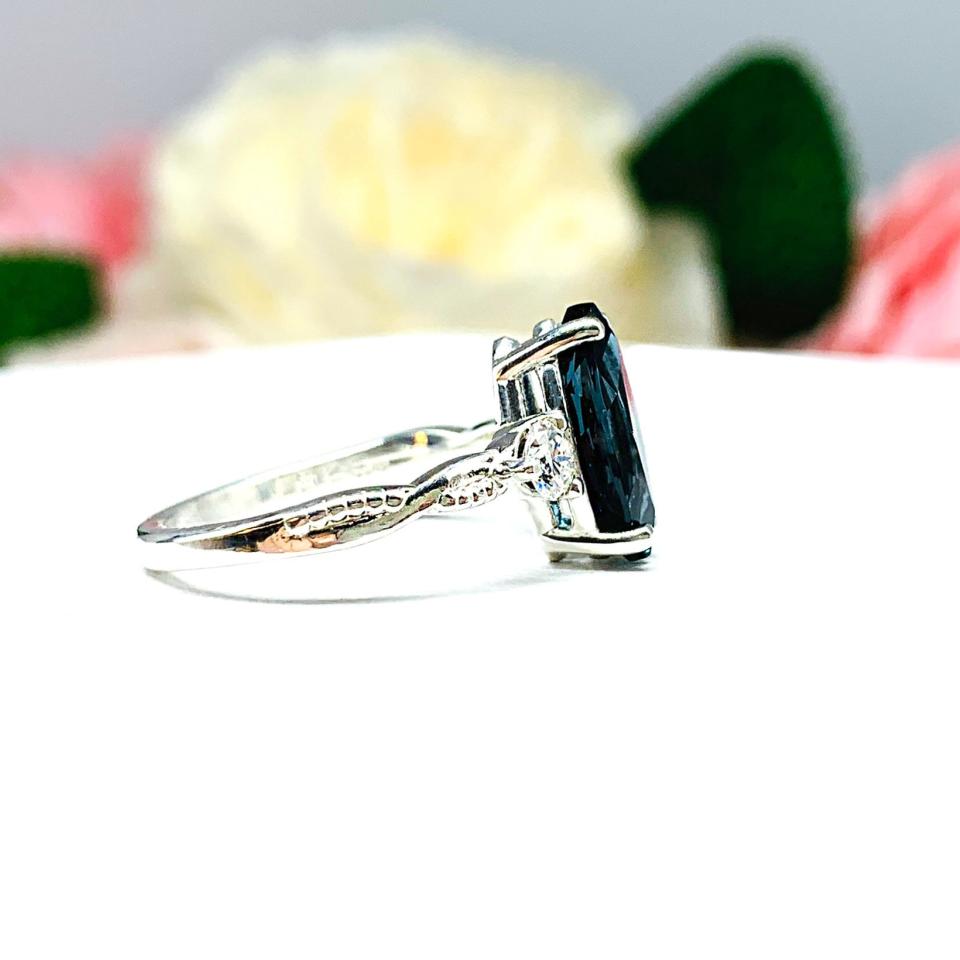 London Blue Topaz Marquise Ring - Moissanite side stones - Sterling silver twist milgrain band