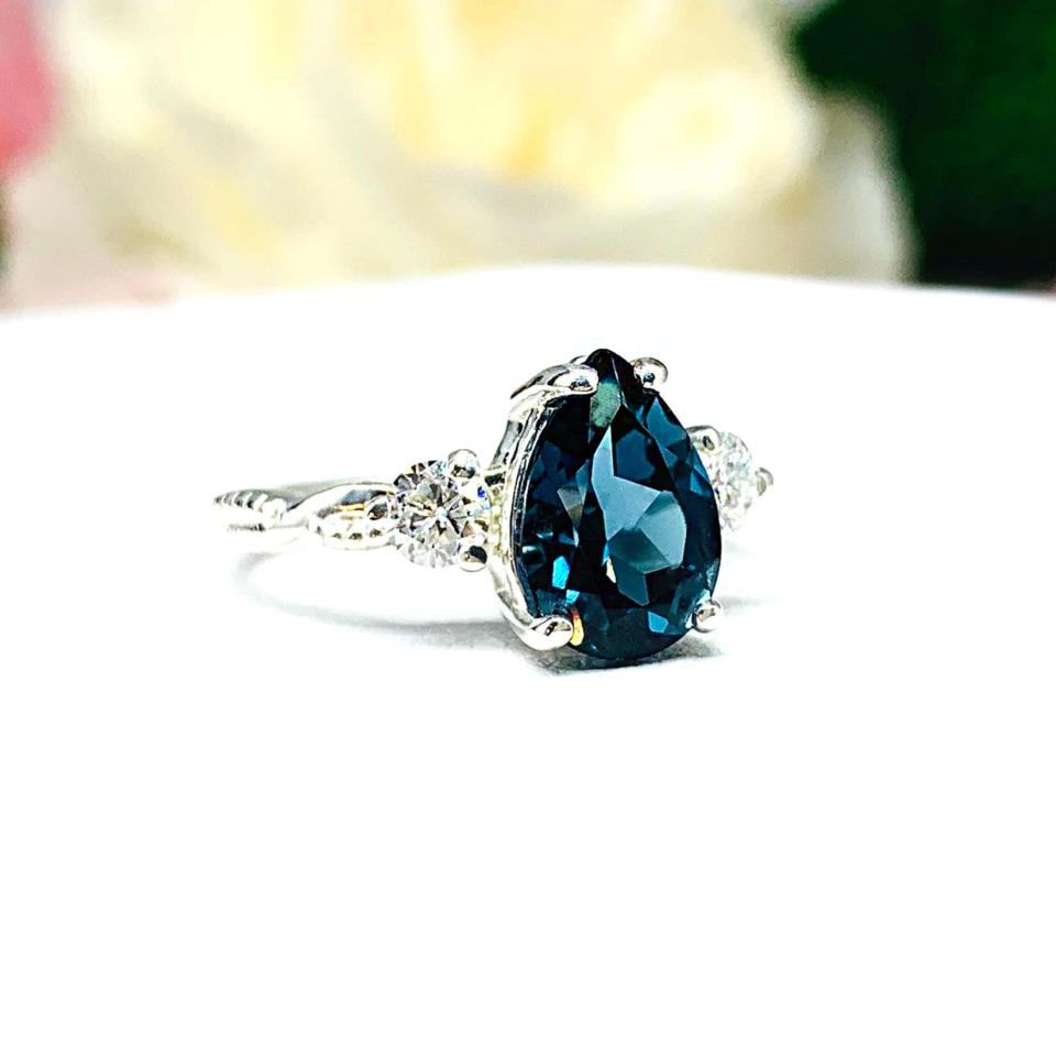 London Blue Topaz Pear Ring - Round moissanite side stones - Sterling silver twist milgrain band