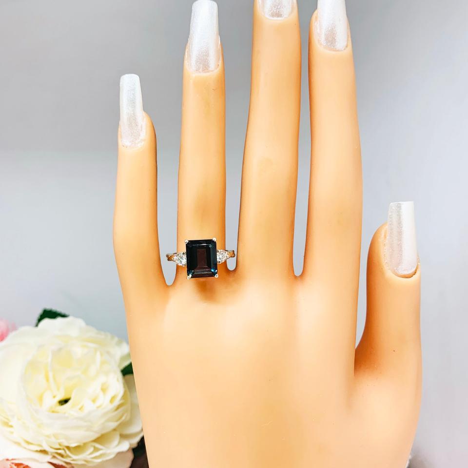 Emerald Cut London Blue Topaz Ring - Moissanite side stones - Sterling Silver twist milgrain band