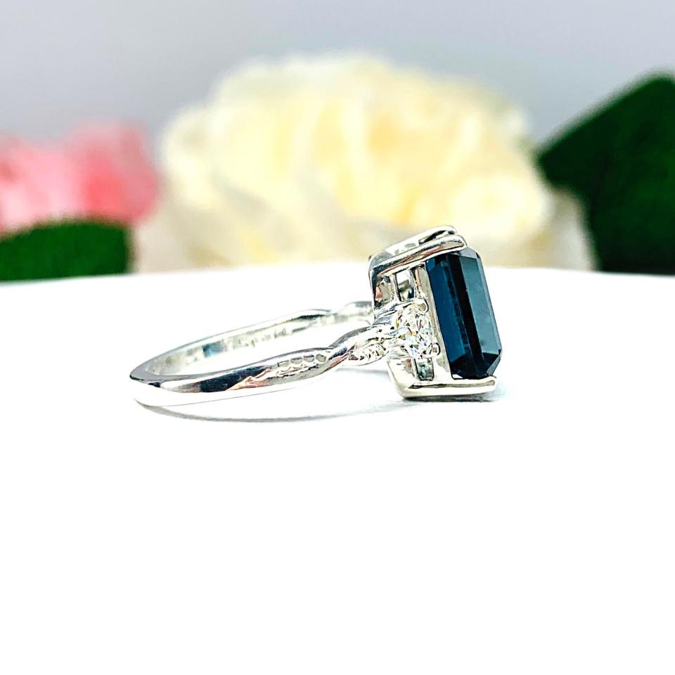 Emerald Cut London Blue Topaz Ring - Moissanite side stones - Sterling Silver twist milgrain band
