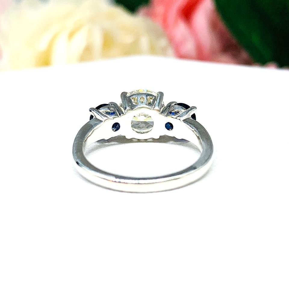 Round CZ Lab Blue Sapphire 3 Stone Engagement Ring Tulip Design
