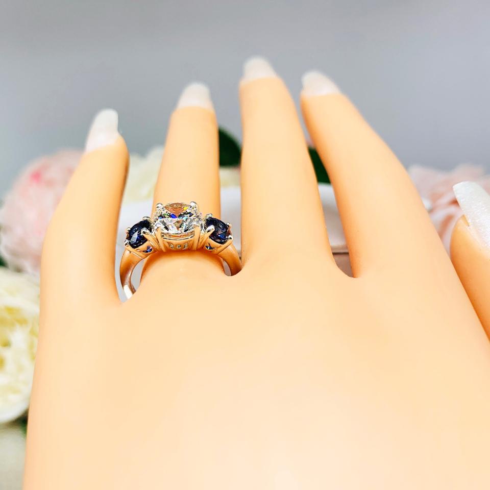 Round CZ Lab Blue Sapphire 3 Stone Engagement Ring Tulip Design