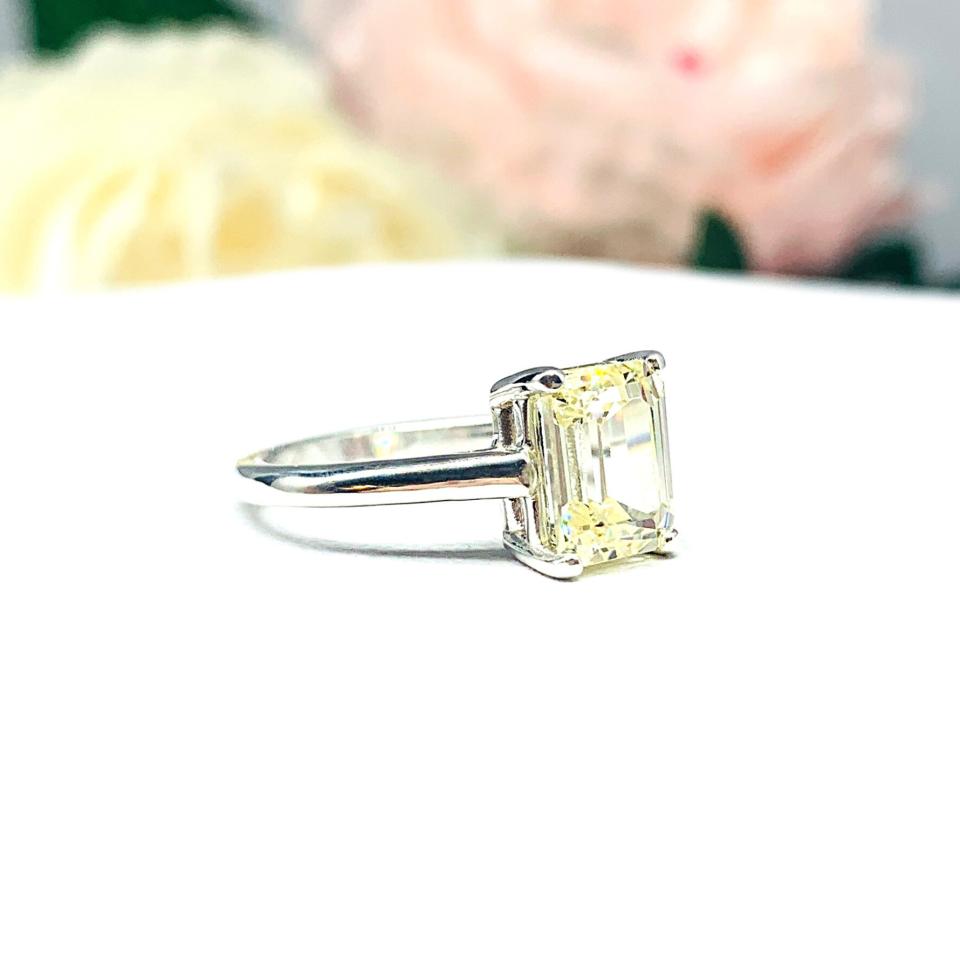 Light Yellow Emerald Cut CZ Cathedral Engagement Ring