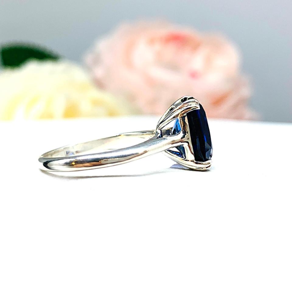 Lab Blue Sapphire 10x8mm Elongated Cushion Ring