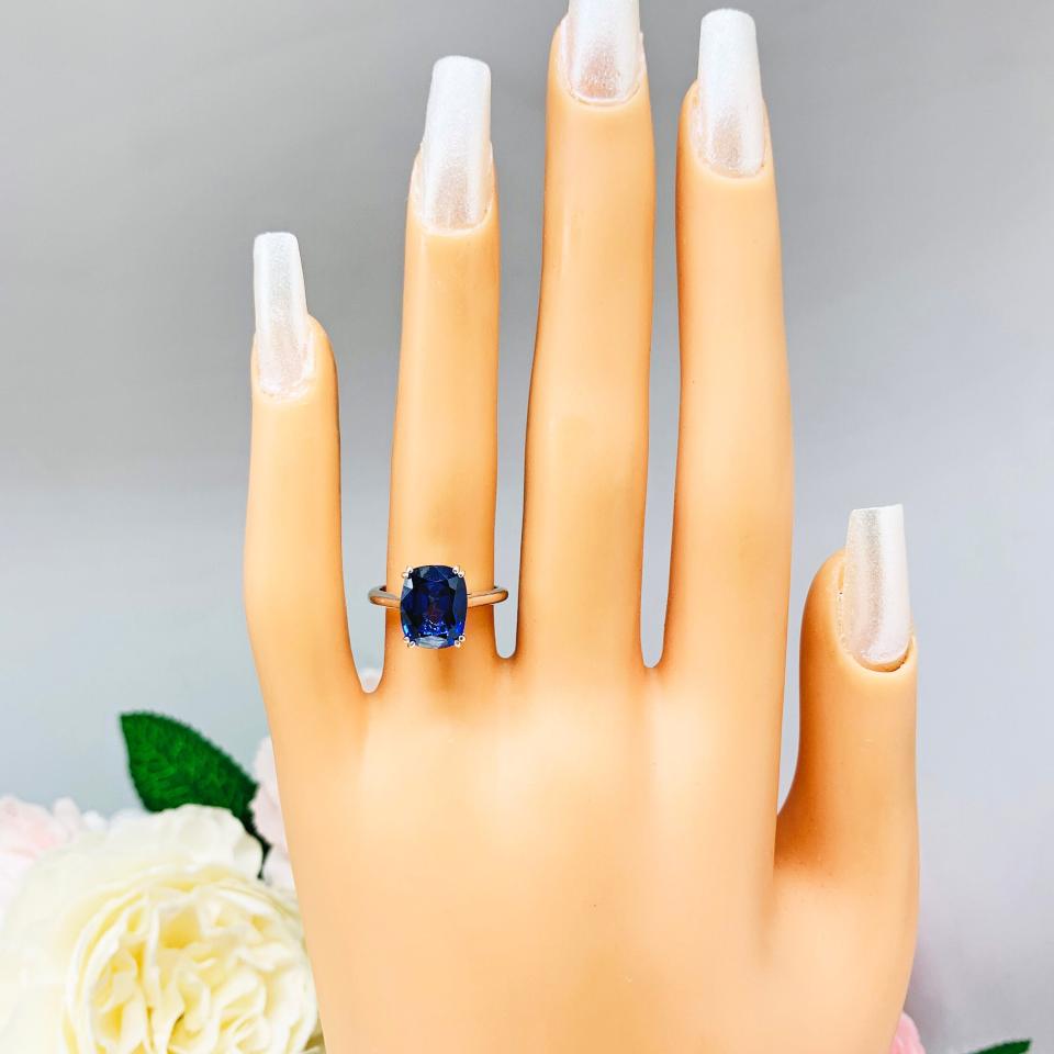Lab Blue Sapphire 10x8mm Elongated Cushion Ring